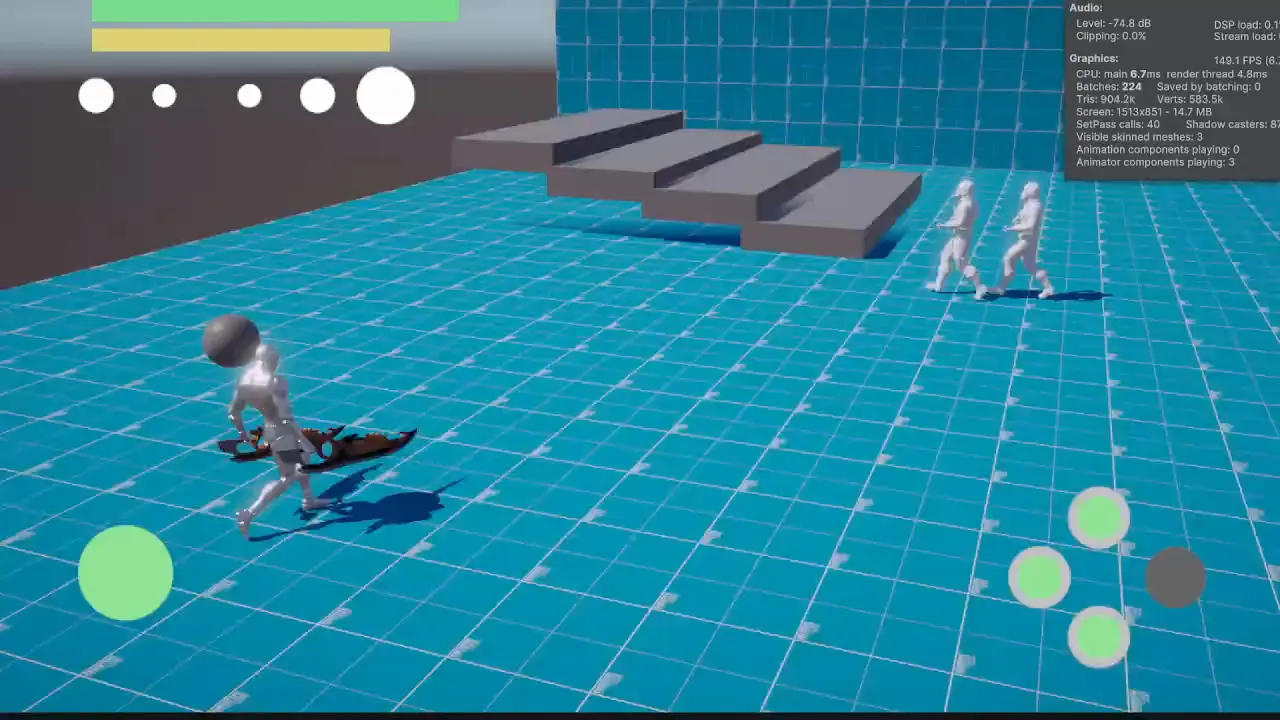 A hack and slash 3d game with temporary grey enemies and grid textures on the walls